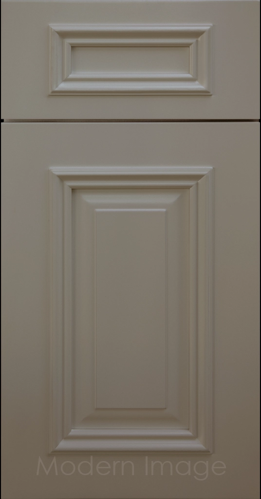 Heritage custom cabinets in a Wind matte finish with classic raised panel doors and modern flat slab drawers.